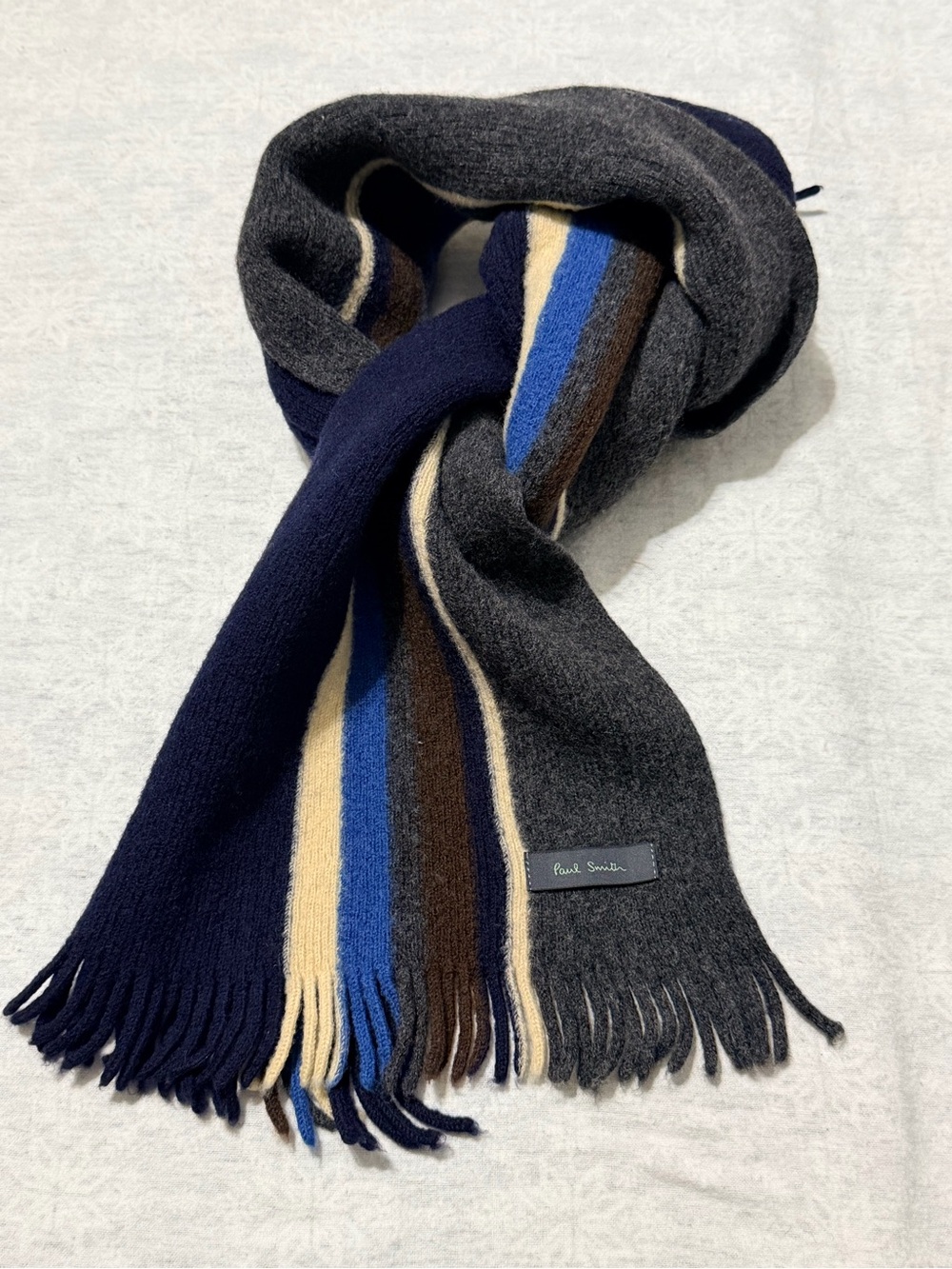 Paul Smith Men’s 100% Wool Striped Scarf Navy Gray Blue Brown Cream Fringe